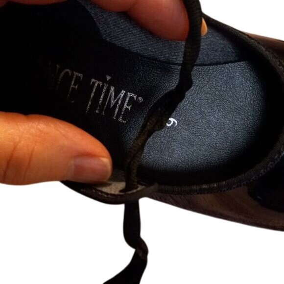 Dance Time 9 Kids Black Patent Leather Tap Shoes Laces - Picture 5 of 9